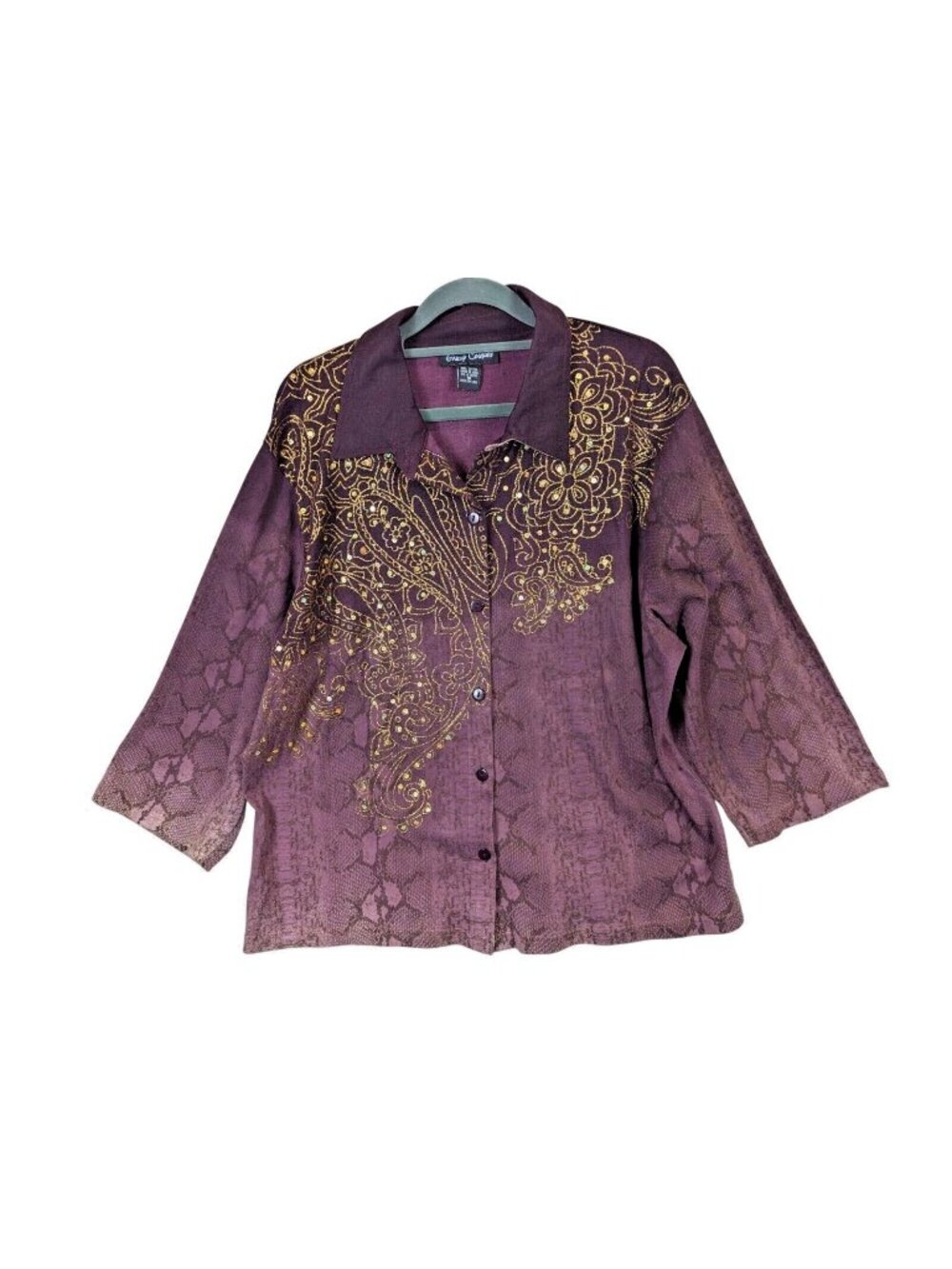 Gaudy Couture Button Up Shirt Women Plus sz 1X Embellished Sequin Witchy Stretch